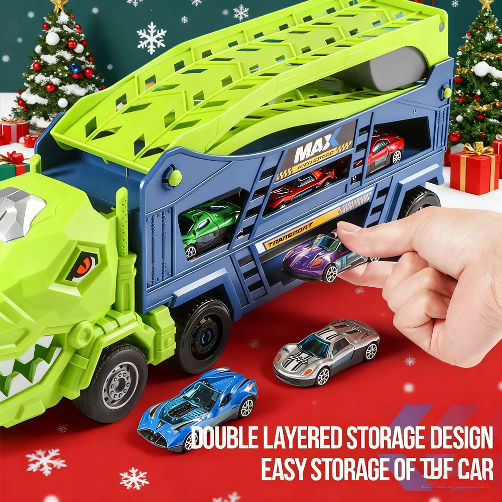Double-Rail Transforming Toy Truck Christmas Gift with 6 Mini Cars Color Box Packaging Perfect Holiday Surprise for Kids