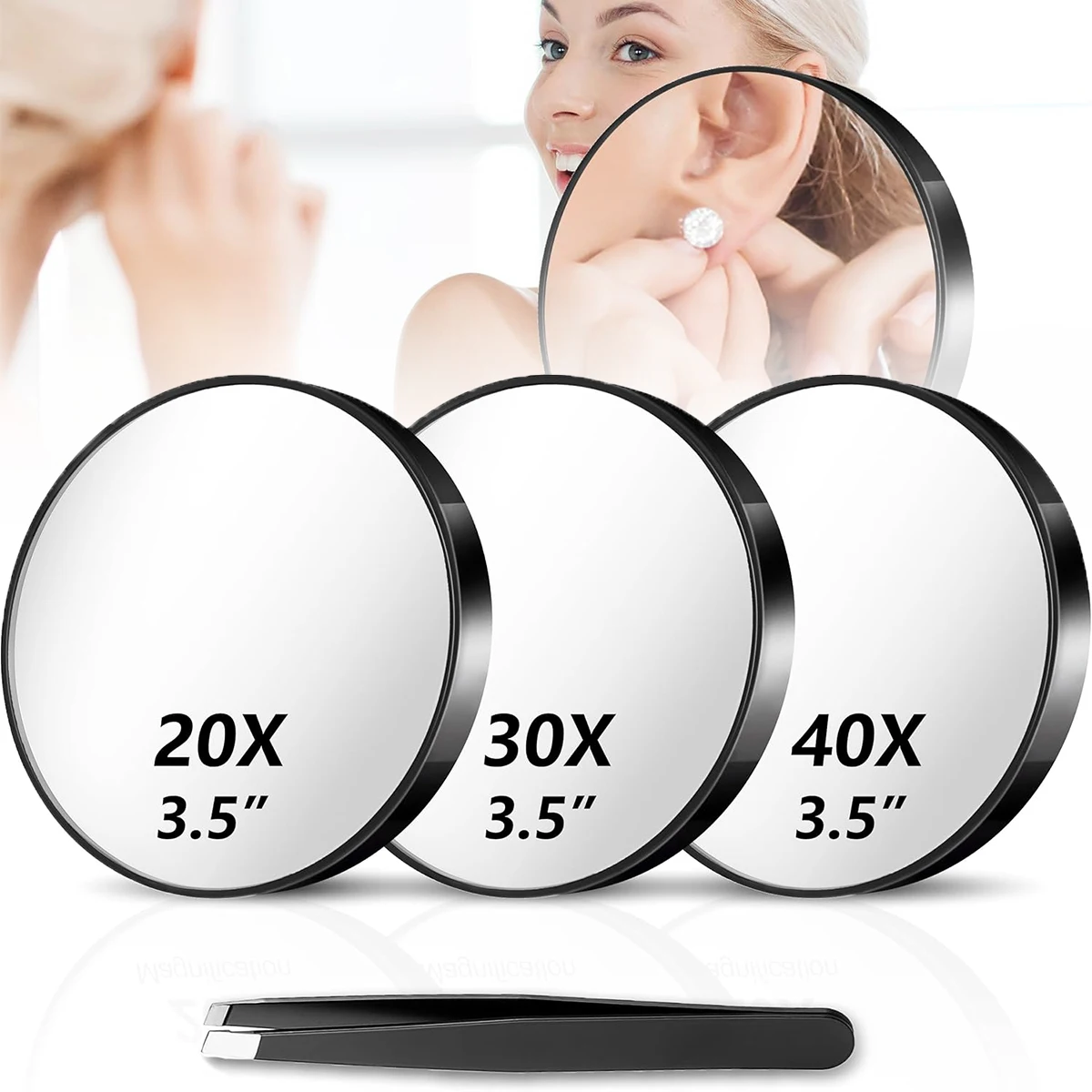 Ensemble de miroirs grossissants (20X, 30X, 40X) Miroirs de voyage compacts de 3,5 pouces avec pinces et ventouses pour le maquillage, les sourcils et les poils incarnés