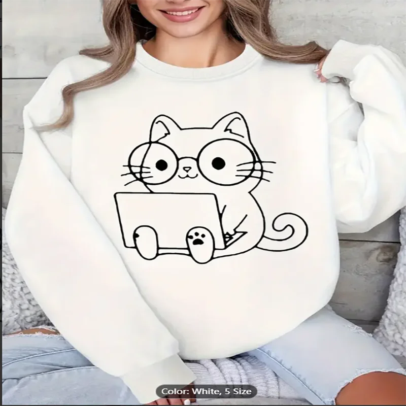 سويت شيرت نسائي أبيض على شكل قطة للكمبيوتر المحمول، طباعة فنية جرافيك، بلوفر كاجوال كبير الحجم لمحبي القطط، مريح من القطن الخالص