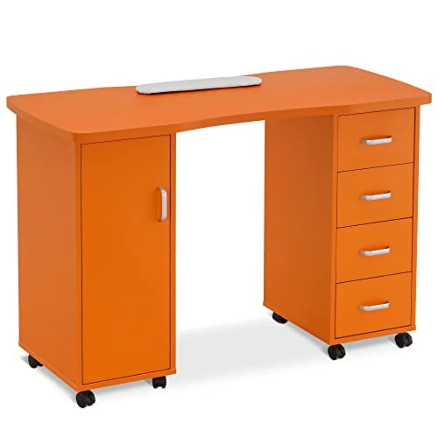 

Acetone Resistant Manicure Table, Nail Tech Desk with 4 Drawers, 2 Cabinet, Lockable Wheels, Wrist Pad, Beauty Salon Equipment