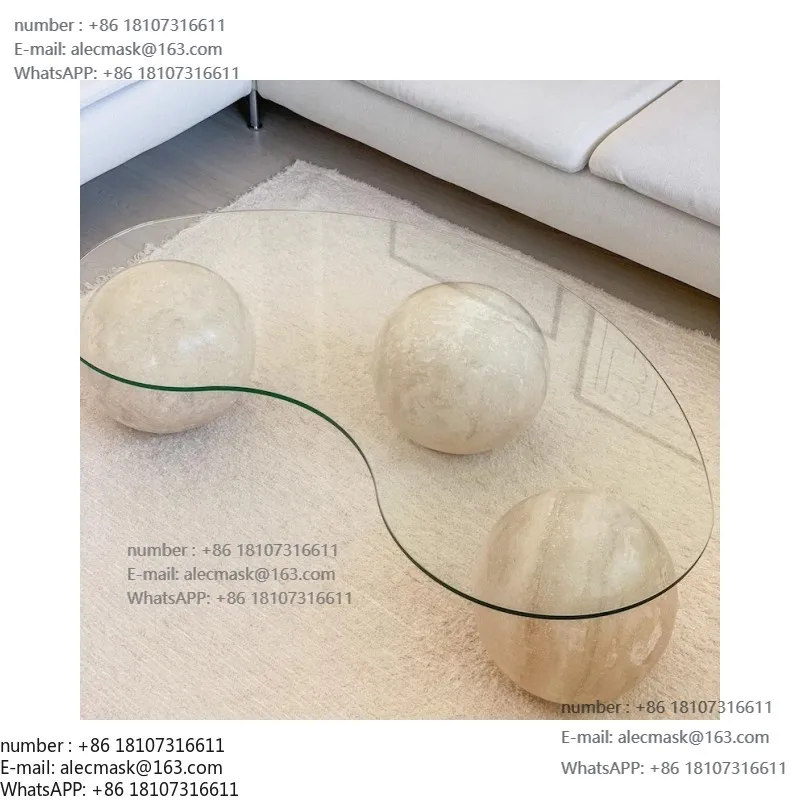 

Stone Furniture Table Beige Balls Tempering Glass Top Coffee Table with Glass Top