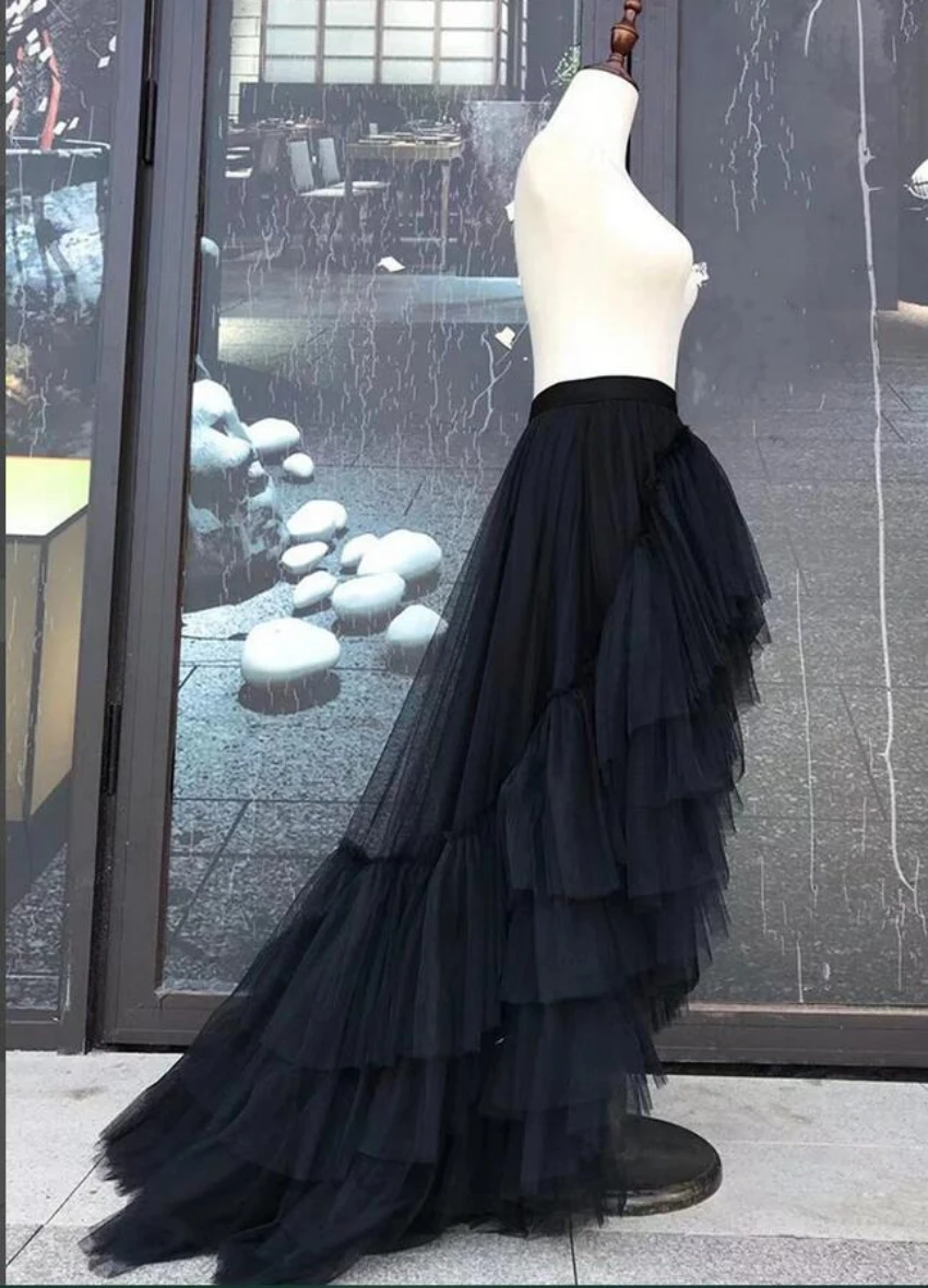 Black Layered Pleated Dress,Front Short Back Long Tail Style,Princess Beach Photo/Activity Mesh Skirt tulle skirt