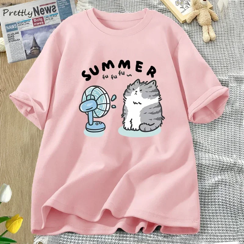 Summer Funny Cat and Fan Graphic T Shirts Women Men  Short Sleeve T Shirt Harajuku Women's Clothing Female Streetwear Tops