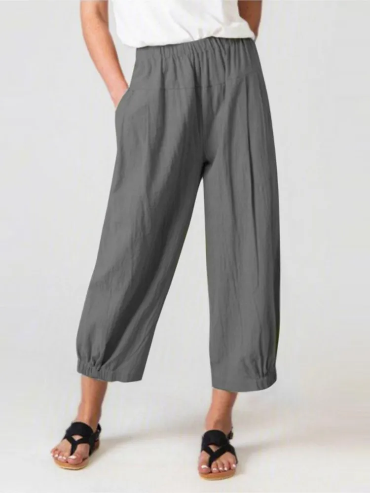 Women Cotton Linen Loose Pants New Spring Autumn Elastic Waist Pants Lady Casual Baggy Cropped Pants Thin Beach Wide Leg Pant