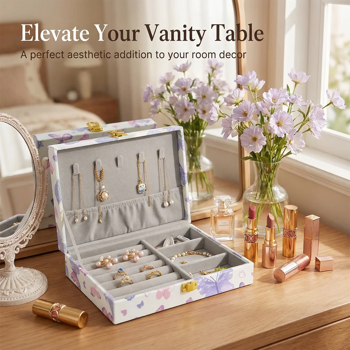 

Butterfly Pattern Jewelry Box with Velvet Lining, 2-Layer Multi-Functional Jewelry Organizer for Necklaces, Rings, Earrings