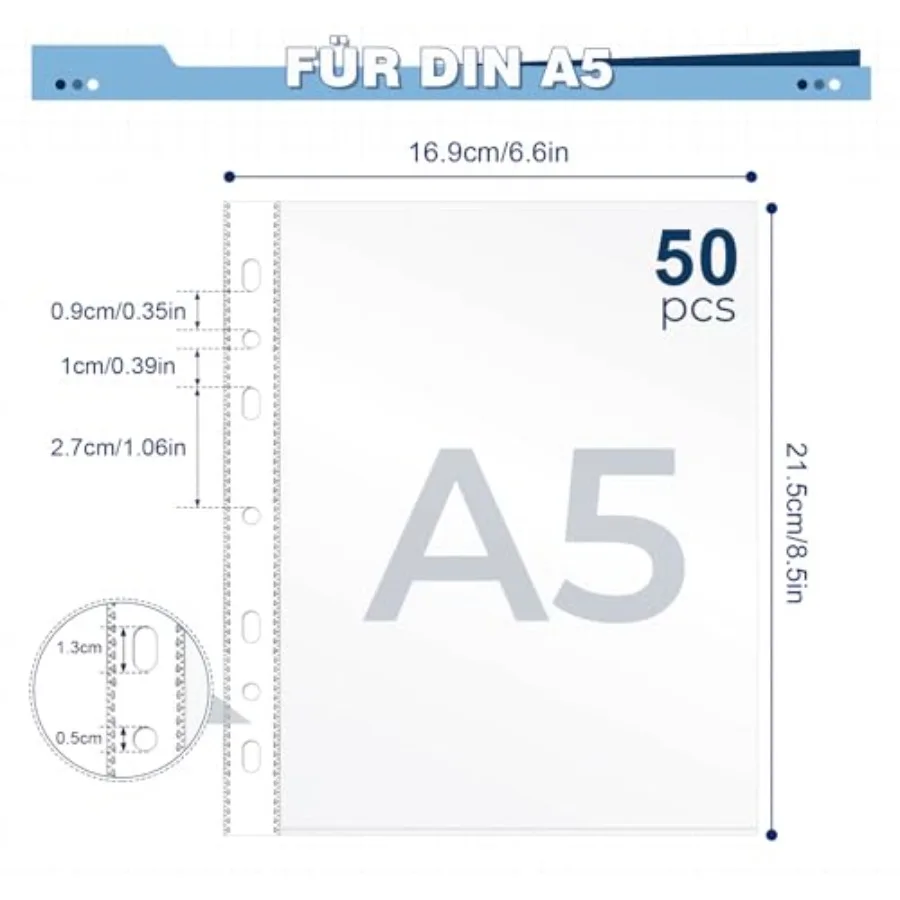 Folha protetora de 50 páginas, vidro não brilhantea5, bolso Puhed transparente, 160 mícrons, mangas resistentes, reforçadas, 7 furos, parte superior acidificada l
