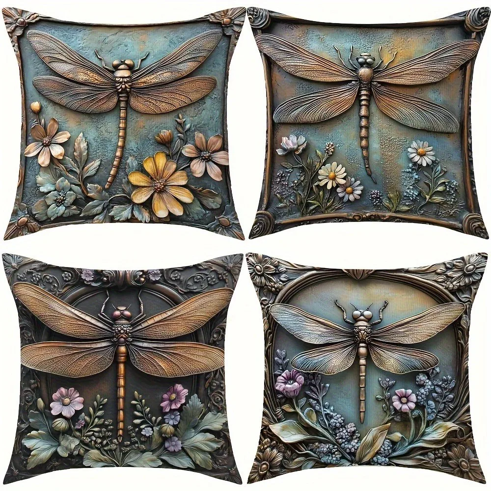 Dragonfly & Floral Pattern Decorative Pillow Covers Pattern Cushion Cover Suitable For Sofa Bedroom Car Pillow Cover