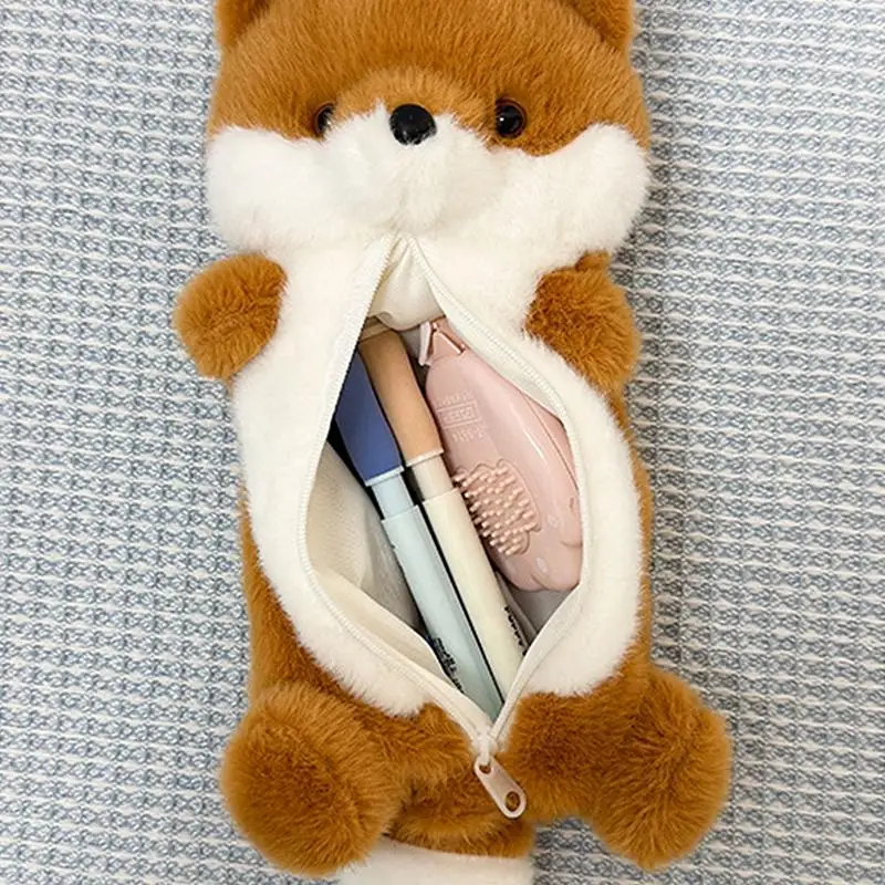 Weiches, flauschiges Plüsch-Fuchs-Federmäppchen mit tragbarem Aufhängering und großer Kapazität für Schüler, Schule, Büro und Schreibwaren-Aufbewahrung. – Detail 17