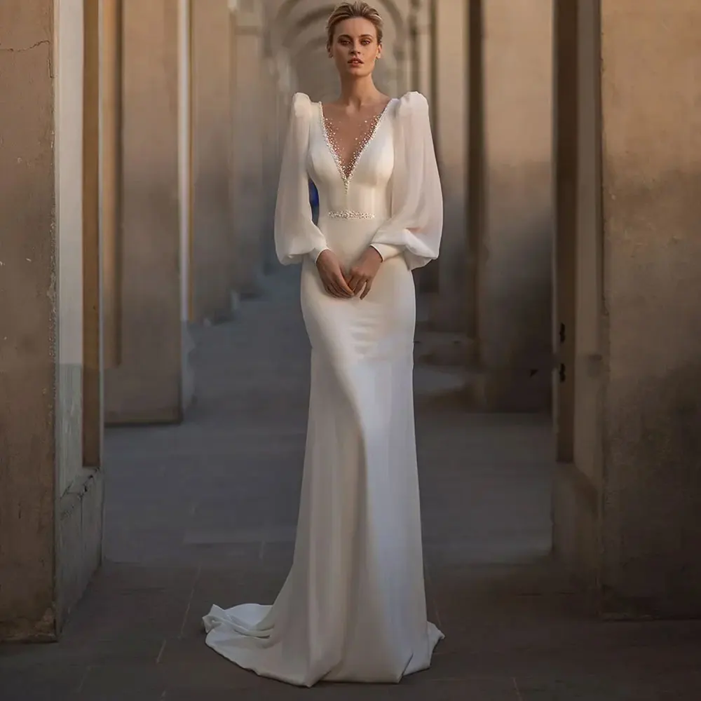 Abiti da sposa a sirena in raso bianco donna elegante scollo a v profondo Illusion Pearl Backless abiti da sposa Puff a maniche lunghe Sweet Train