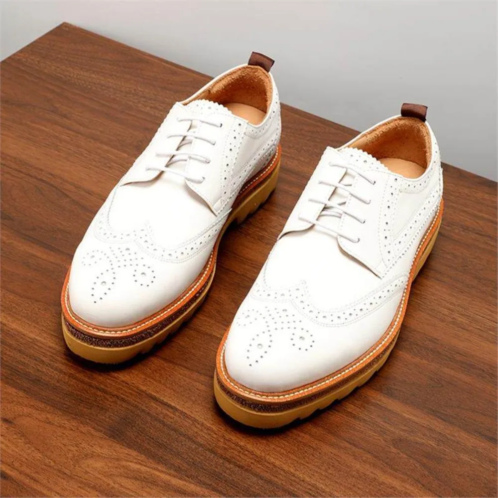 Vintage British Style Brogue Leather Shoes Men Thick Sole Business Casual Genuine Leather Breathable Summer Derby Dress Shoes
