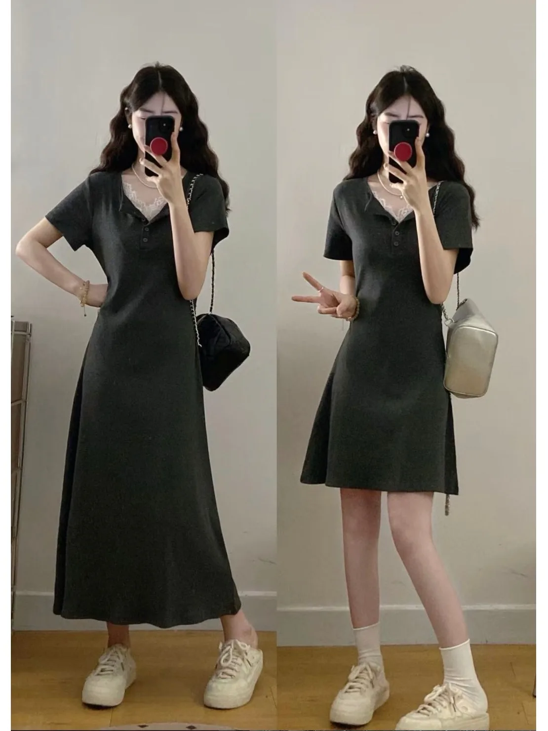 

plus Size Casual Lace Splice V-Ne ort Sve Dr Women's Summer New Waist Cinched A-Line Long Dr Korean Sle High W...