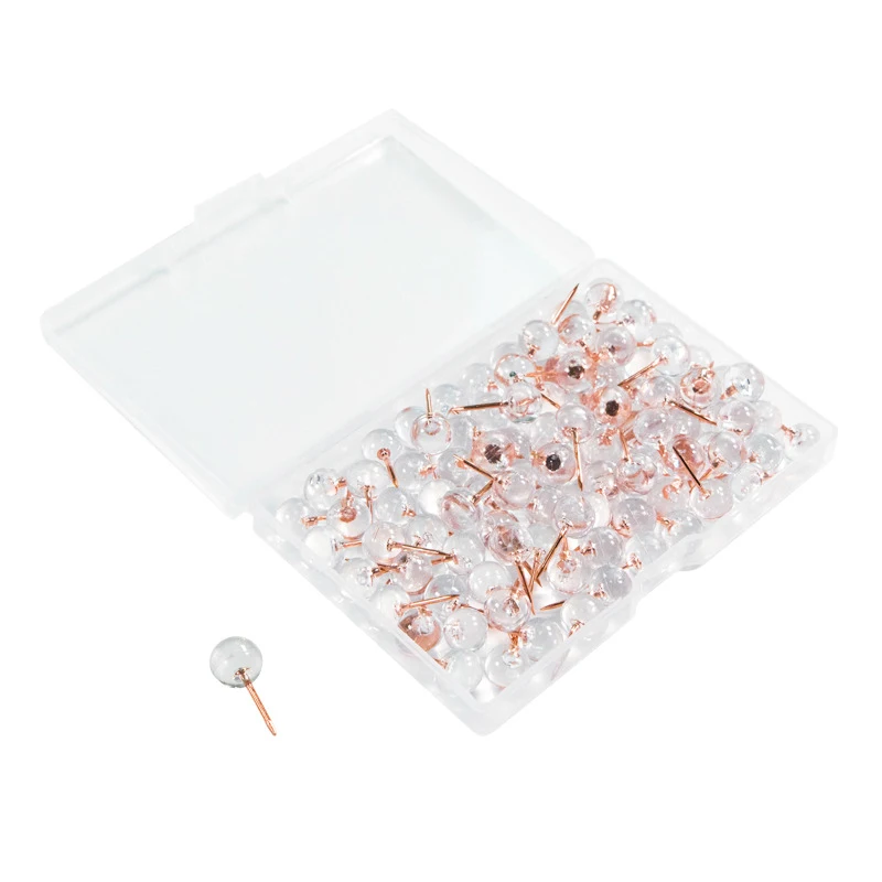 100Pcs Rose Gold Push Pins Thumbtacks Transparent Plastic Round Head Map Tacks For Hanging Pictures Posters Documents Wall Maps