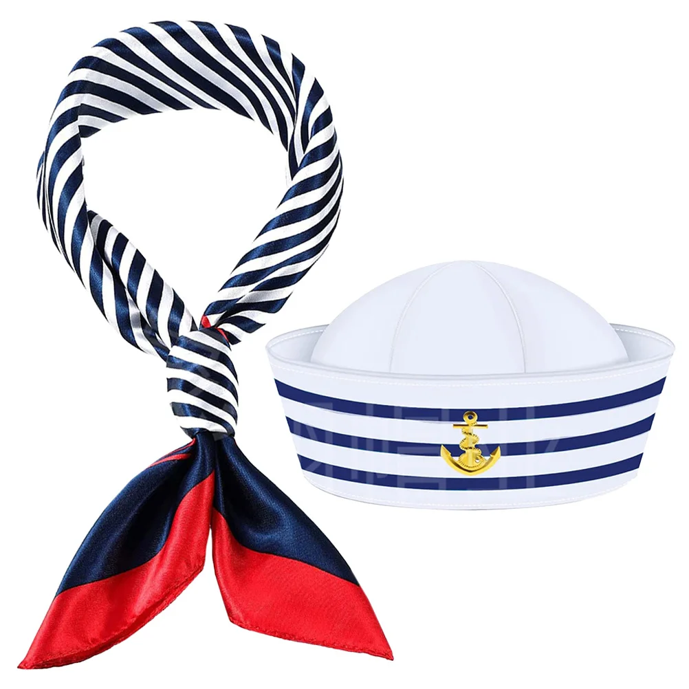 Set di sciarpe per cappelli da capitano a strisce bianche blu Circonferenza di 58 cm Cappelli da marinaio Vestito da donna Accessori per feste in costume Tema della nave
