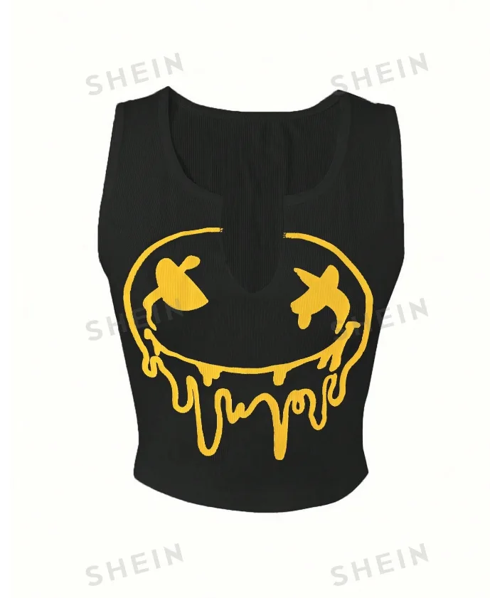 الأوروبية والأمريكية المرأة أزياء مثير تانك القمم إلكتروني تي شيرت مطبوع المرأة سترة بلا أكمام U الرقبة سترة صغيرة