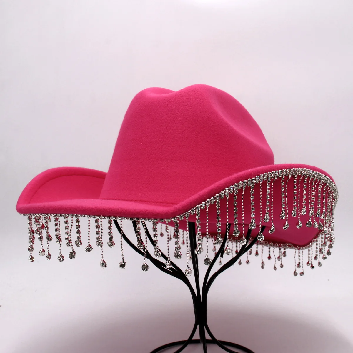 European And American Black Curling Top Hat Western Cowboy Hat Diamond Tassel Fedora Hat Retro Felt Cap  Woolen Hat Women