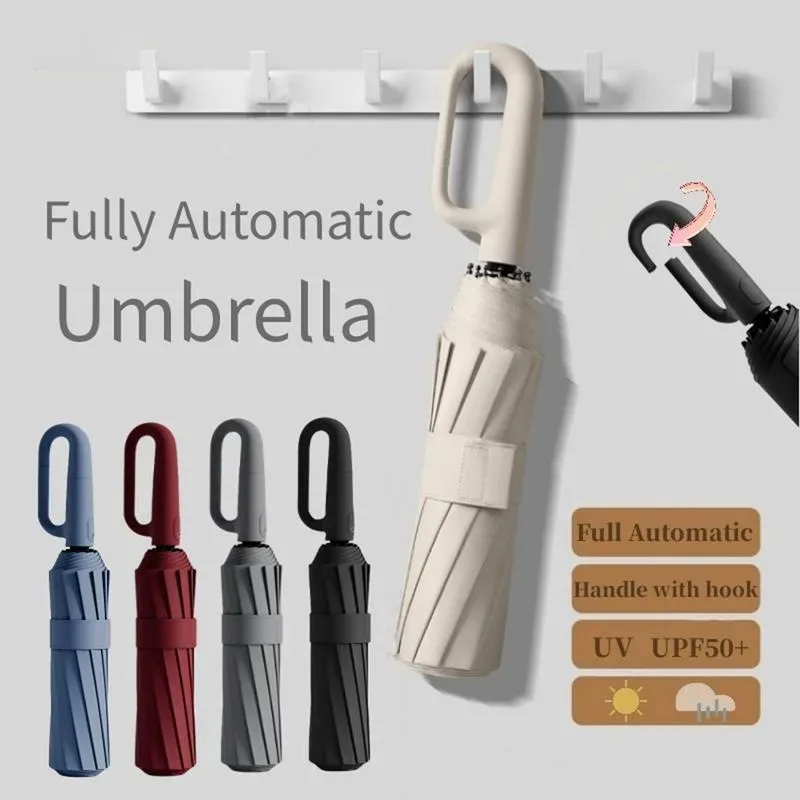 Paraguas totalmente automático con cierre de anillo reforzado para hombres y mujeres, plegable, resistente al viento, resistente, resistente al agua, protector solar