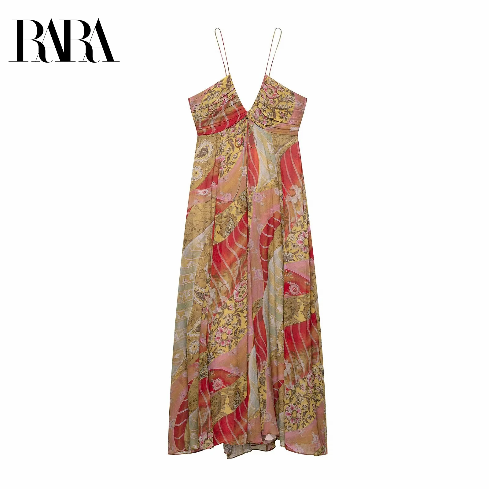

RARA Women's Elegant and Sexy Vacation - style V - Neck Sleeveless Spaghetti - Strap Mid - length Printed Dress with Chest Tie
