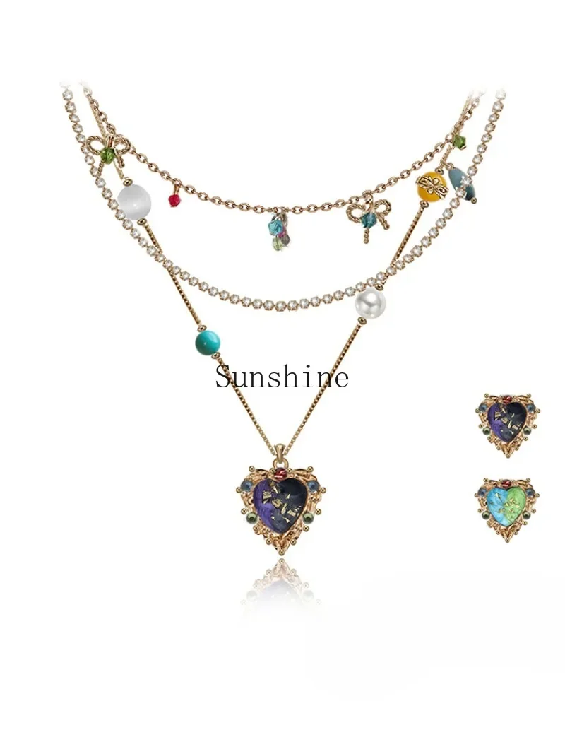 

Nostalgic series light luxury retro love necklace multi-layer color collarbone chain