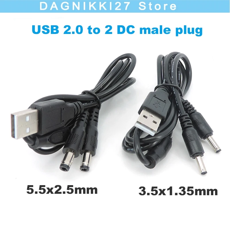 USB 2.0 Male A to 2 way DC 3.5mm x 1.35mm 5.5x2.5mm male splitter Connector Plug power supply charger converter Cord 5V Cable V