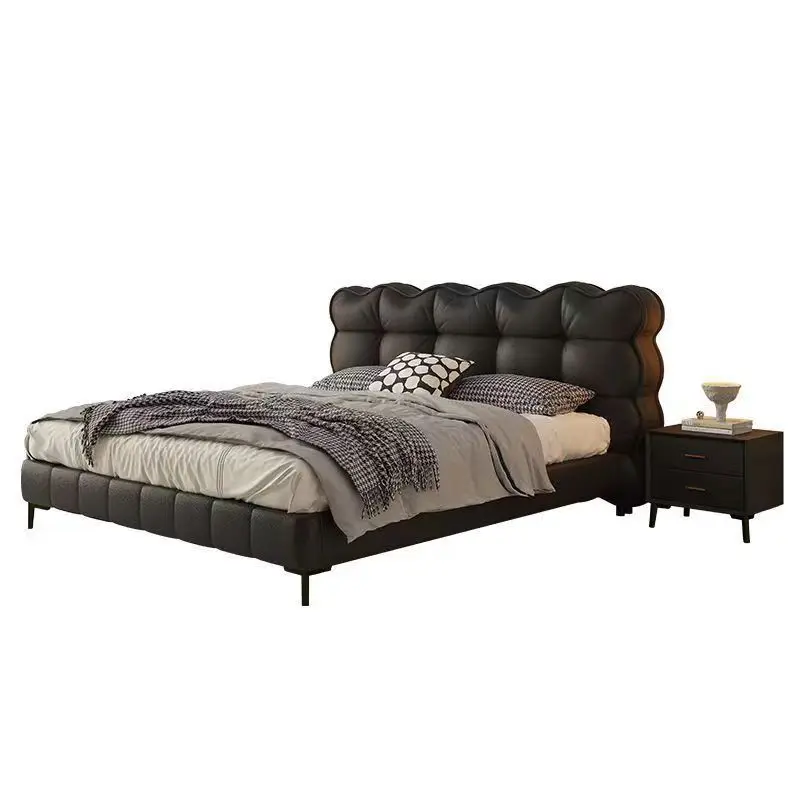 

French retro leather modern simple first-layer cowhide puff bed