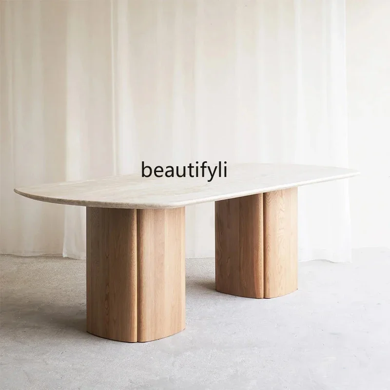 

Natural travertine dining table restaurant dining oval luxury stone table light luxury French dining table