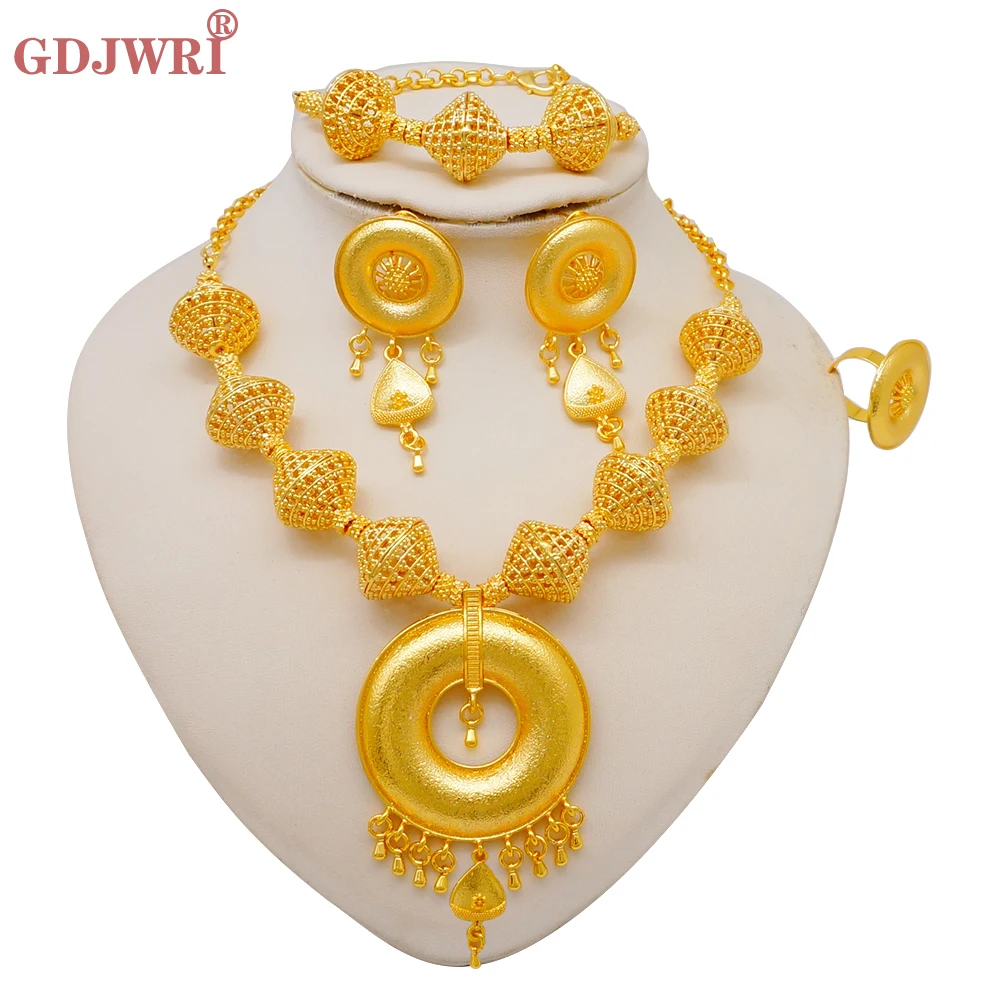 

Luxury Indian Ethiopian Round Pendant Necklace Jewelry Sets African Dubai Gold Color For Women Tassels Earrings Bridal Gift