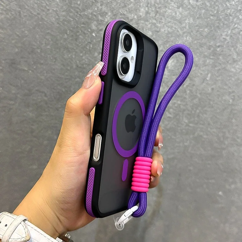 Luxury With Lanyard Magsafe Matte Phone Case For iPhone 11 12 13 14 15 16 17 Pro Max Plus Air Magnetic Bumper Back Cases Cover - náhled 6