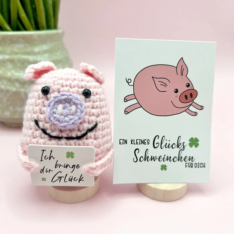 

New Positive Energy piglet Hug Pocket Mini Handmade Plush Wool Knitting Doll with Card Funny Christams Gift Home Room Decoration