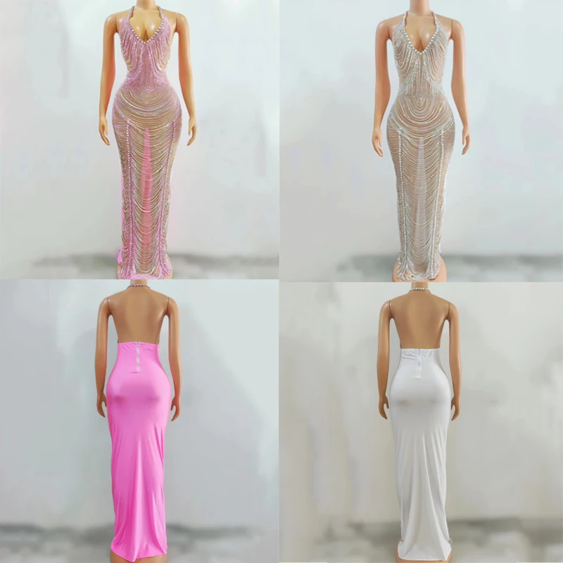 

Sexy Mesh Rhinestones Dress Women Festival Outfit Fringed Chain Evening Prom Dresses Stage Party Celebrate Costume XS6735