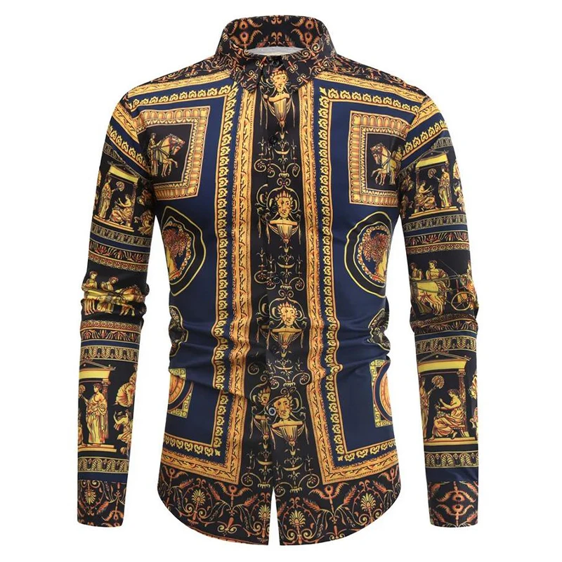 Baroque Floral Royal Shirts Men Luxury Print Designer Tops Paisley Pattern Flowers Fashion Western Long sleeve Shirt Camisas