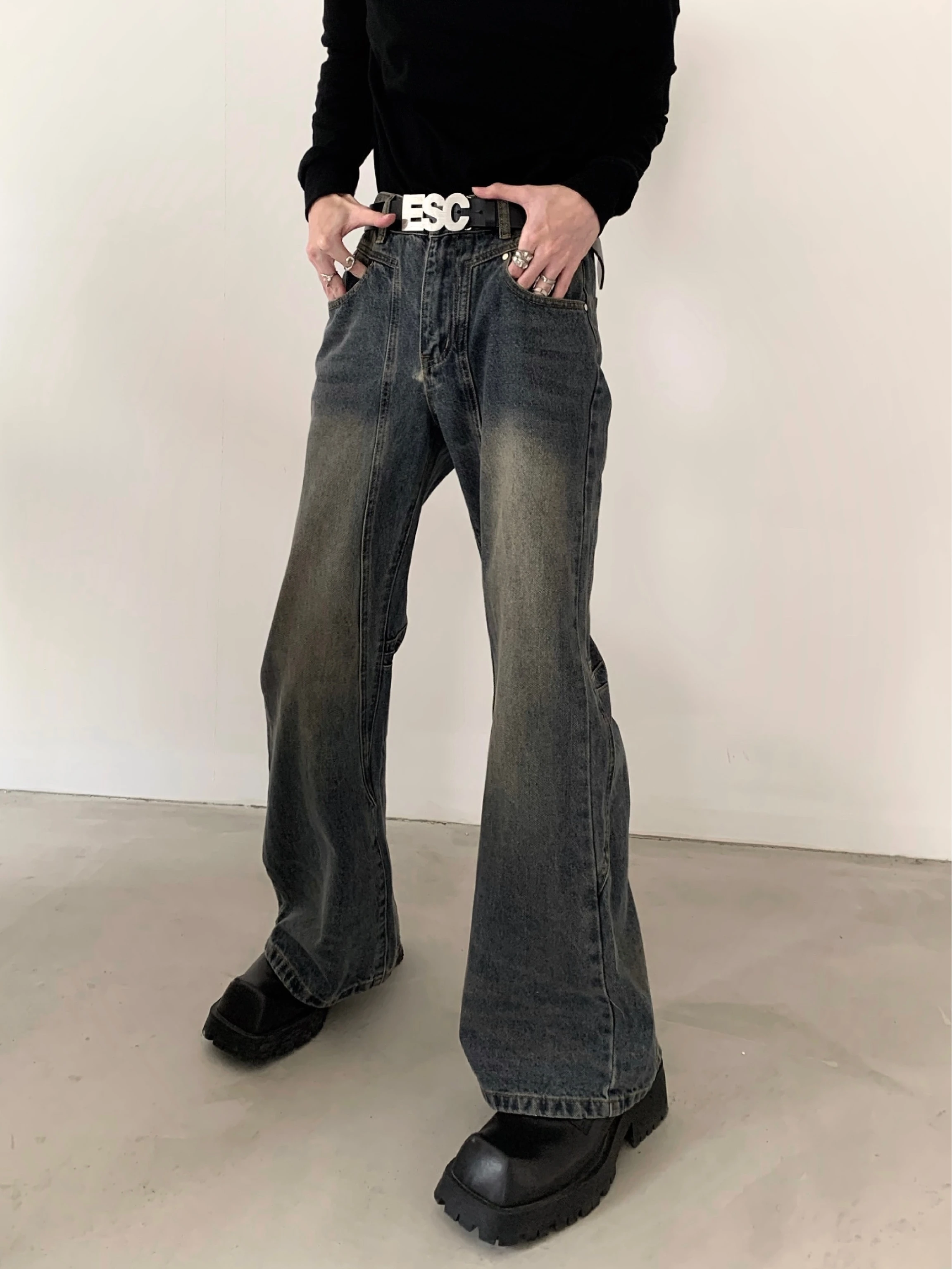 High Waist Straight Leg Men's Jeans Bell Bottoms Vintage Washed Blue Denim Casual Trousers for Teenagers Autumn Mountain Style