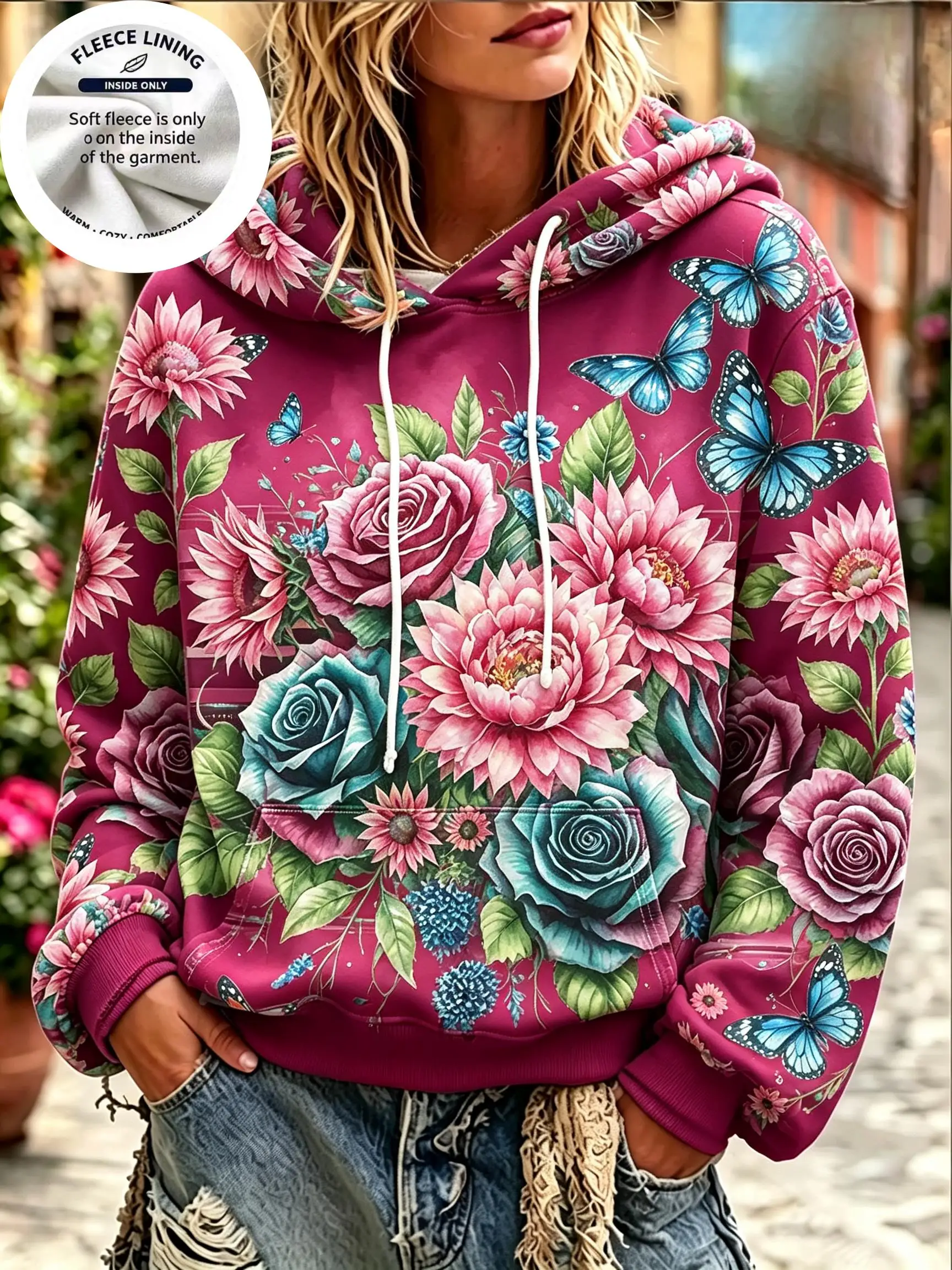 Vintage Botanical Flower Butterfly Fleece Hoodie for Women, Bright Floral Full Print Long Sleeve Hooded Pullover