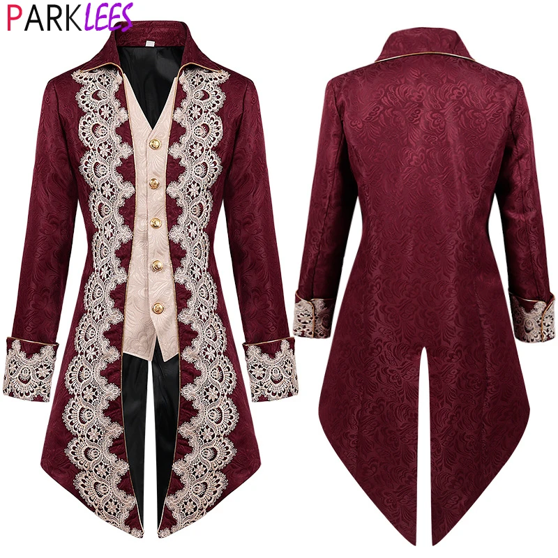 

Wine Red Lace Stitching Floral Jacquard Steampunk Gothic Tailcoat Jacket Pirate Renaissance Victorian Halloween Costume