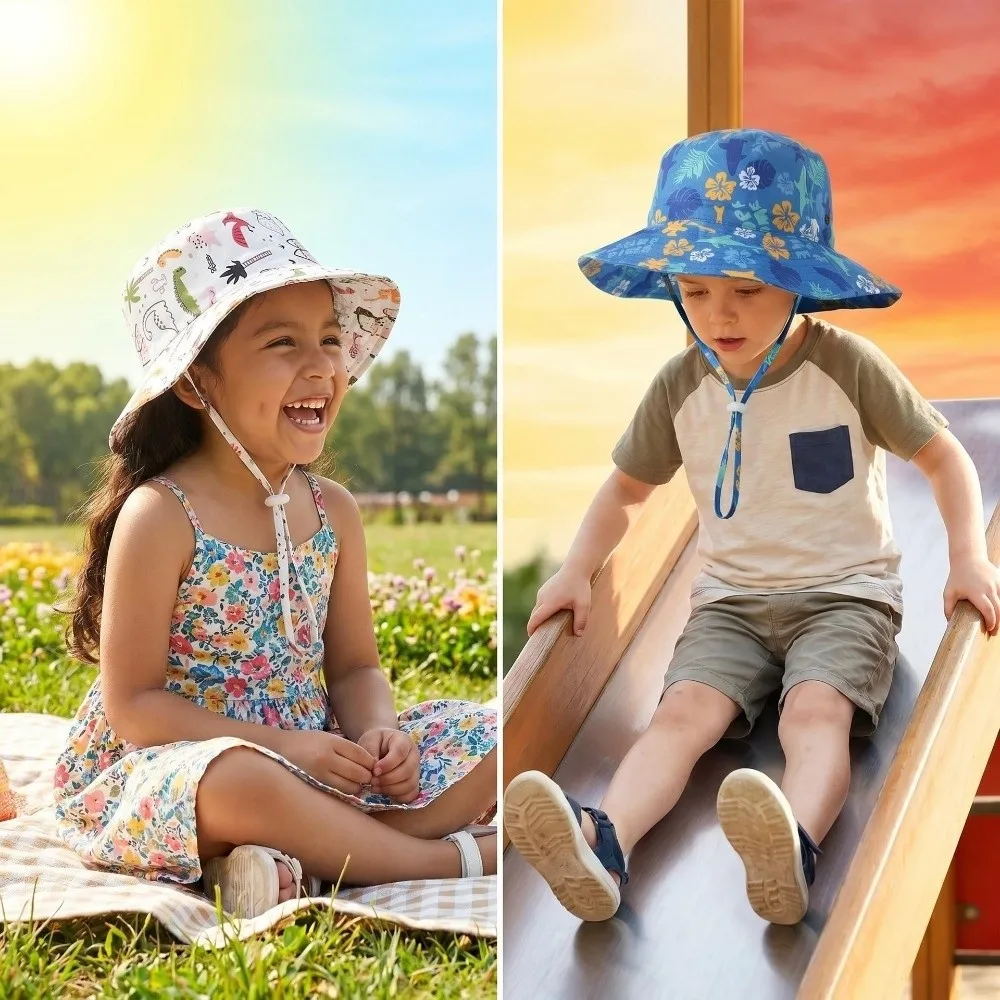 

Cute Adjustable Sun Hat Cartoon Printing Breathable Bucket Hat UV Protection Wide Brim Beach Hats Summer