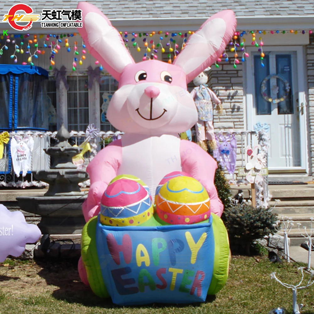 กระต่ายเป่าลมอวยพรเทศกาลอีสเตอร์ถือไข่สำหรับโฆษณา โมเดลกระต่ายเป่าลมขนาดใหญ่สำหรับตกแต่งสนาม