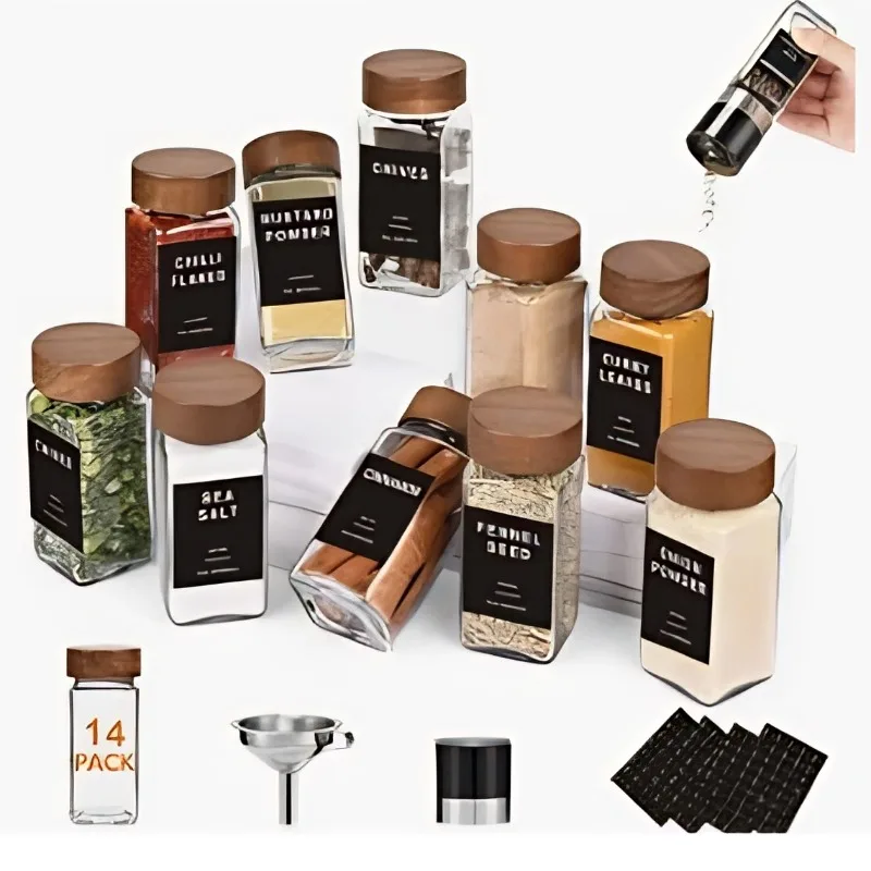 Clear Glass Storage Jar Acacia Wooden Seal Lid, Thickened Household Kitchen Canister for Cereal Dry Fruit Spice