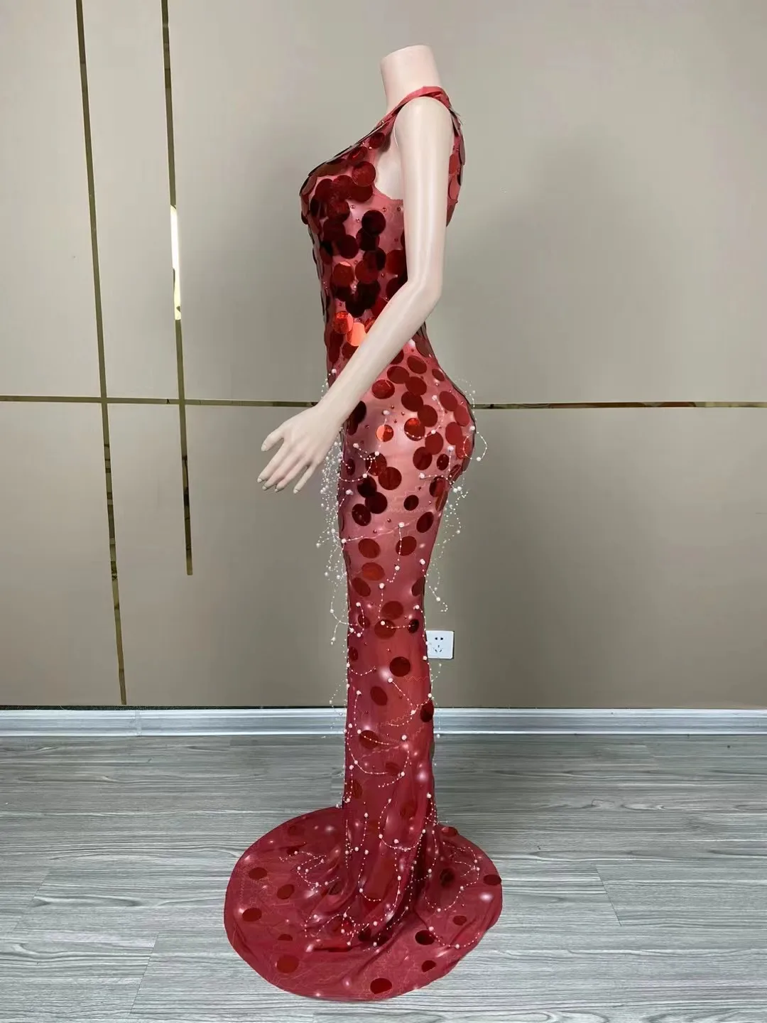 Sparkly Sleeveless Floor Length Round Sequins Dress Women Singer Birthday Evening Prom Outfit Red Photoshoot Dress