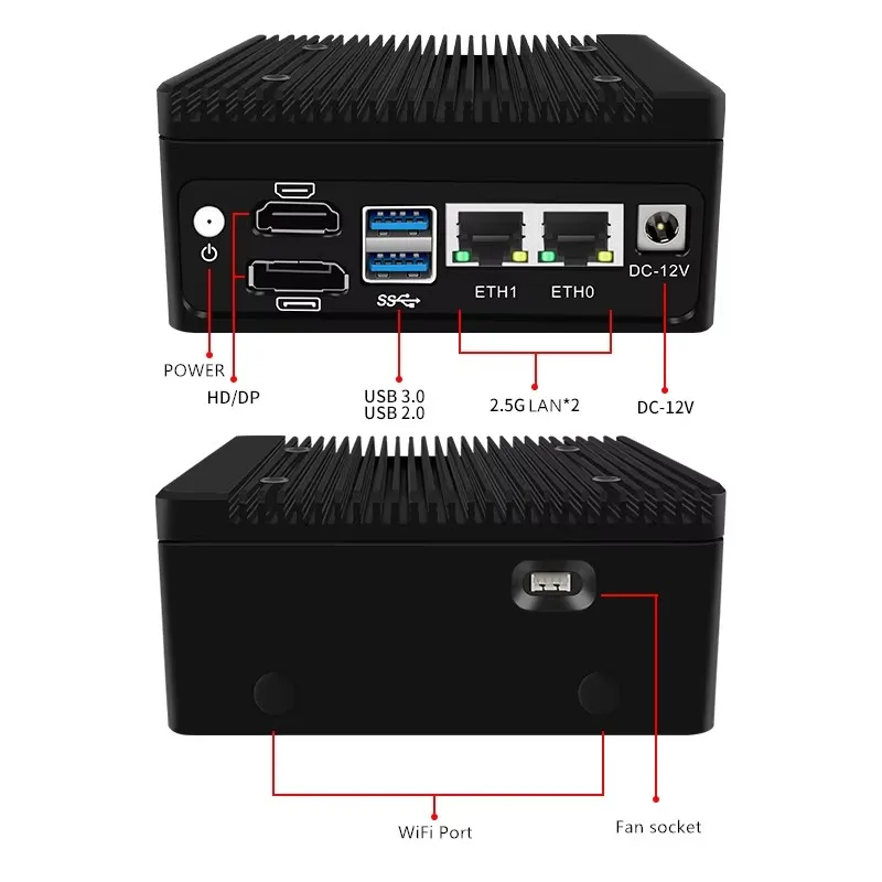 Mini PC pré-instalado Windows 11 Pro Intel N100 Mini computador desktop Micro computador HDMI DP Dual RJ45 Ethernet e ventiladores de resfriamento