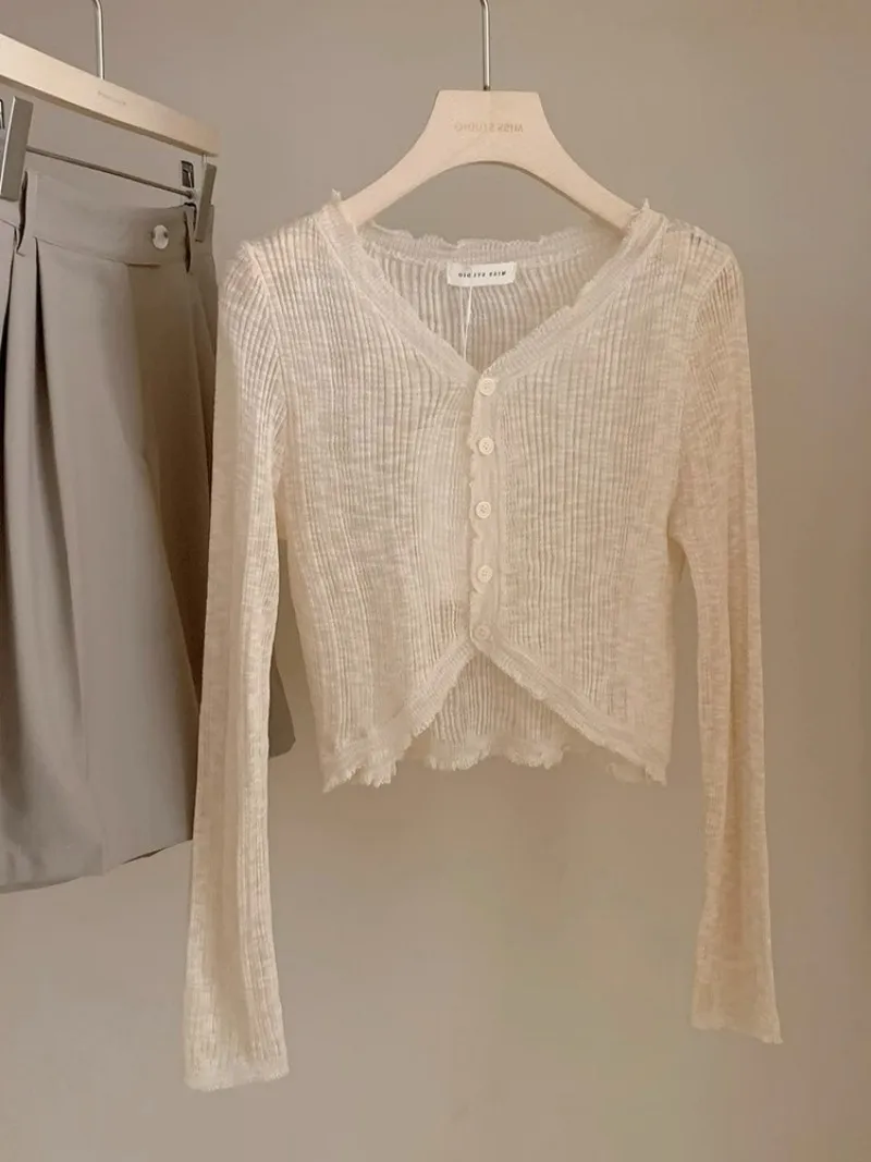 Lace V-Neck Ice Silk Knitted Summer Lightweight Sun Protection Cardigan Women's Outerwear Shawl Air Conditioning Shirt Thin V...