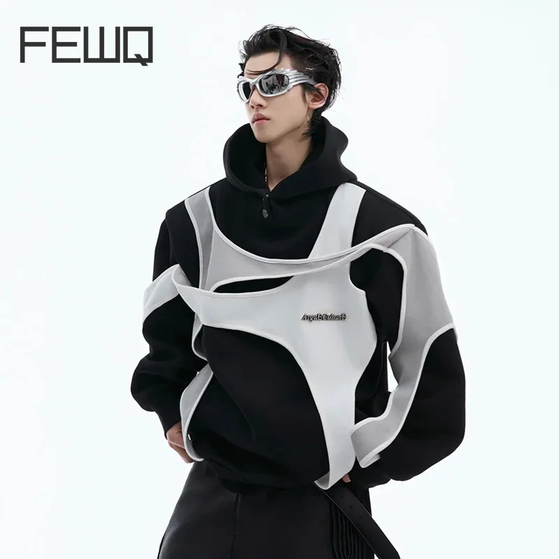 

FEWQ Doublelayer Splicing Contrasting Shoulder Pads Hooded Sweatshirt 2024 Contrast Color With Hat Casual Male Tops 24E2504