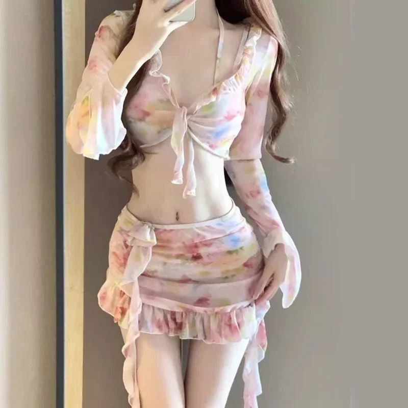 4 قطع ملابس السباحة البيكينيات النسائية مع المحاصيل الأعلى البيكينيات تنّورة ملفوفة الرسن البيكينيات ملابس السباحة المايوه Y2k