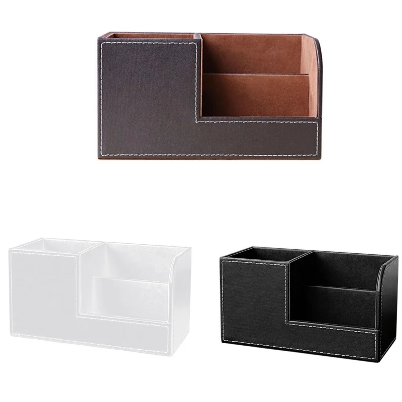 

Practical Office Desktop Sorter Holder Leather Pen Card Holder Stationary Cosmetics Jewelry Box Storage 3 Compartments