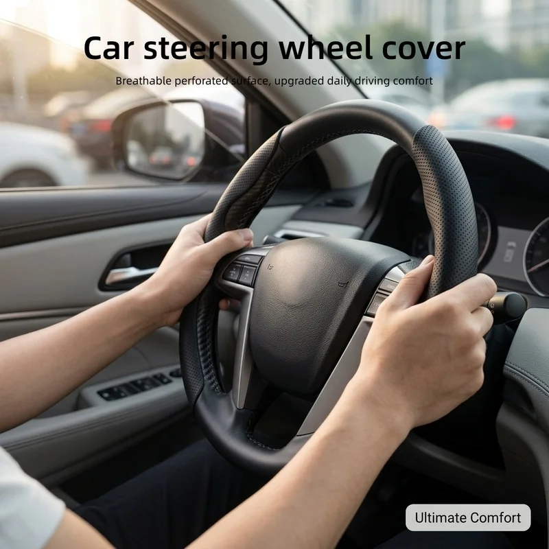 Unbranded two-section black perforated breathable steering wheel cover with grip，Breathable and not stuffy，Stable and non-slip，U