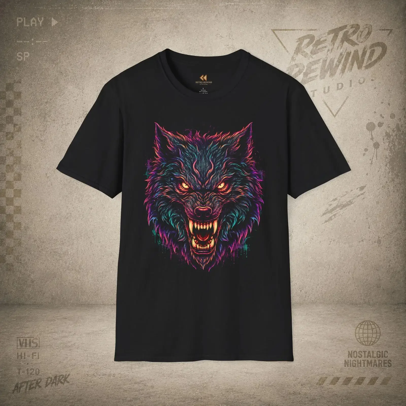 Neon Wolf Kopf T-Shirt, leuchtende, wilde Illustration, Vintage-Look, gewaschen, weich, leicht modisch, bequem, Streetwear, lässig