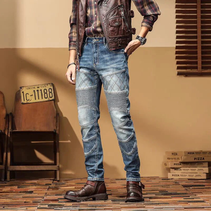 Streetwear Fashion Men Jeans Retro Blue Stretch Slim Fit Spliced Biker Jeans Men Patched Designer Hip Hop Denim Pants Hombre