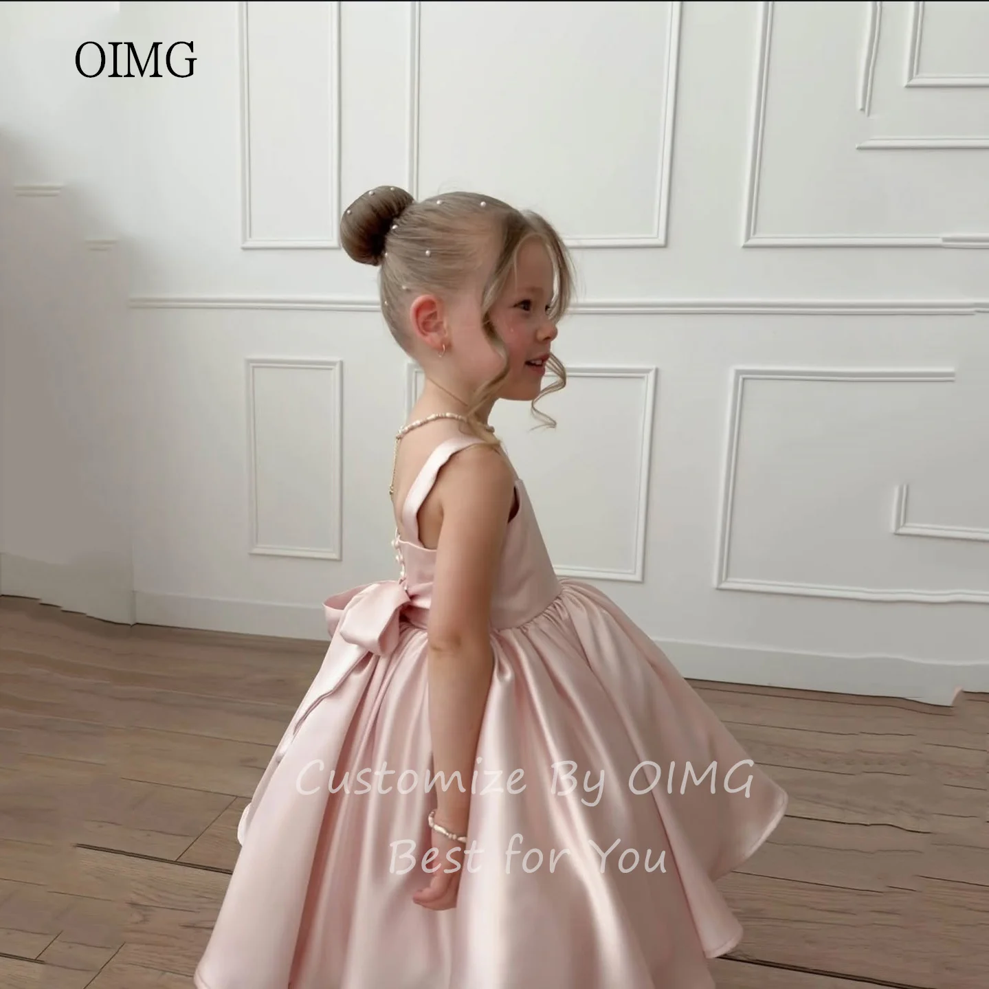 OIMG Cute Pink A Line Flower Girl Dresses Square Neck Bow Back Wedding Party Dress Knee Length Birthday Dress 2025 Customized