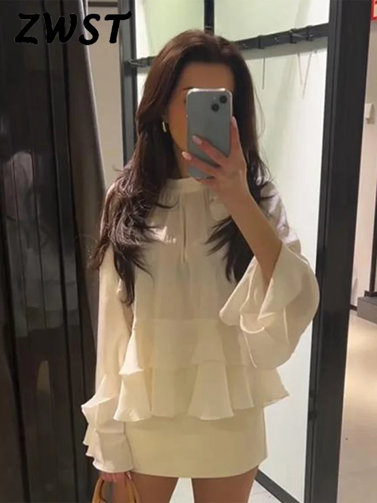 흰색 느슨한 Flounce 블라우스 여성 패션 긴 소매 오-넥 거즈 셔츠 여성 2025 봄 여름 레이디 스트리트 모든 경기상의