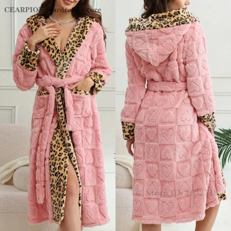 Leopard Print Hooded Robe with Belt Winter New Flannel Bathrobe for Women Warm Coral Fleece Sleepwear Thick Nightgown Homewear