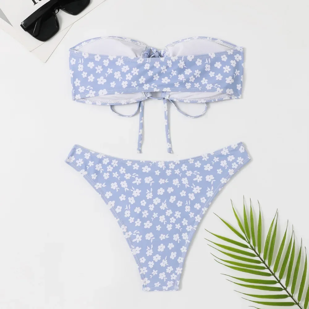 Sexy Floral Print Bandeau Swimwear Micro Thong Bikinis Set String Lace-up Swimsuit Women Bathing Suit Hollow Out Bather Biquinis