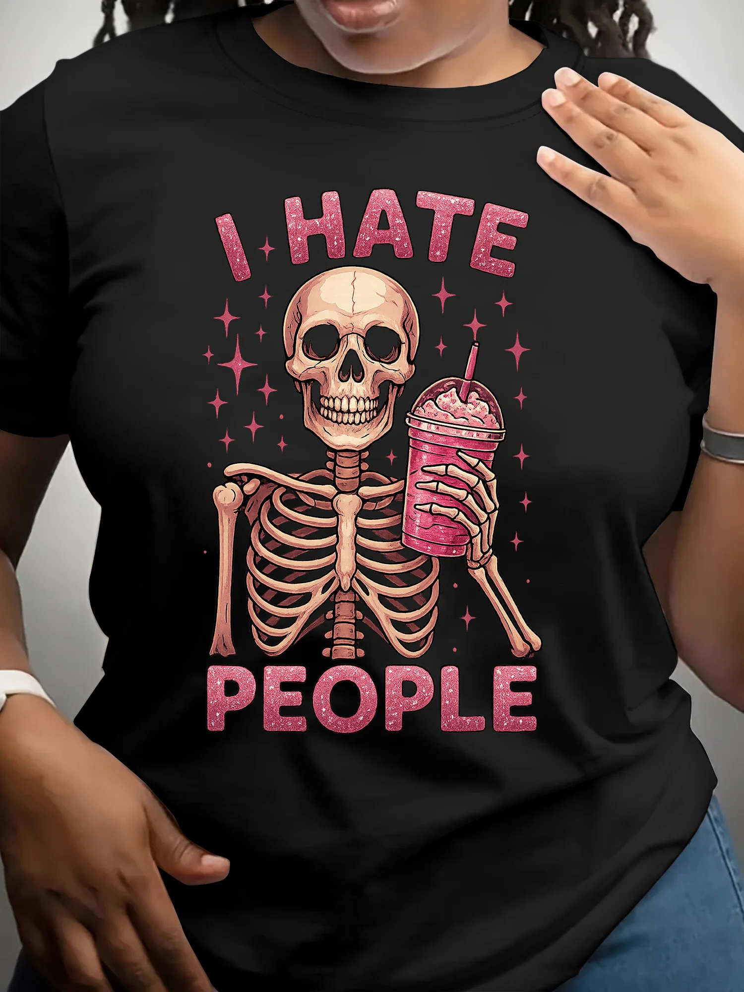 Pink Skull-Themed Print Women's Crew Neck Short-Sleeved T-shirt Funny Graphic T Shirt Casual Cheap Outfit Tops Clothes Female